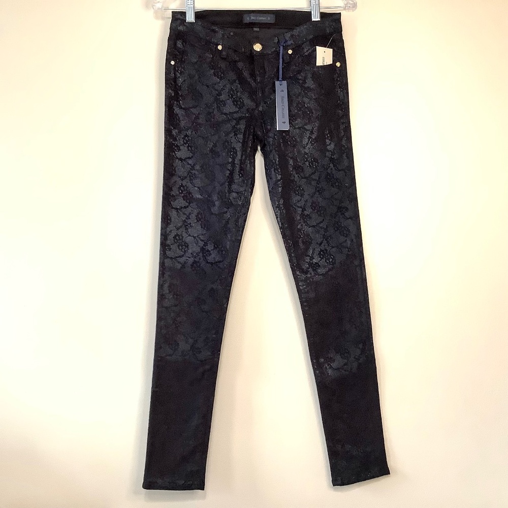 Y2K Juicy Couture Sparkle Coat Corduroy Skinny Pants Jeans Black Floral Print 25